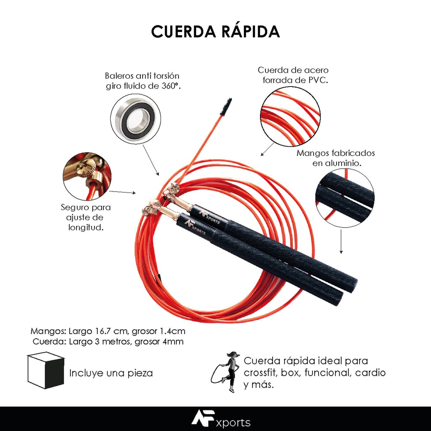 Caja de 100 Pzas Cuerda Rápida De Aluminio Ajustable Con Baleros Crossfit Box